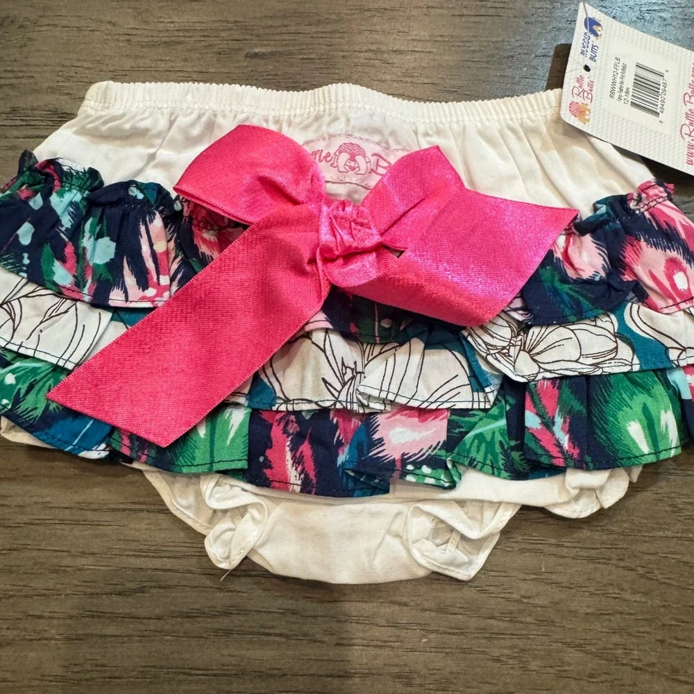 NWT RuffleButts Bloomer Diaper Cover 12-18 Mo‎ Pink Bow Tropical Floral Ruffles
